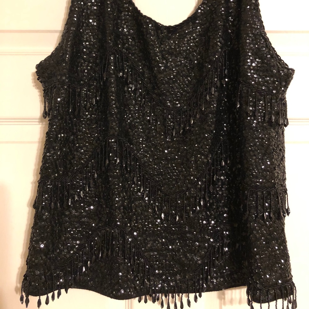 Flapper glam! Vintage bling!  Black sequins & beads, sleeveless shell.
